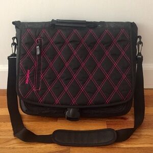 Black Quilted Messenger Bag with Pink Stitching